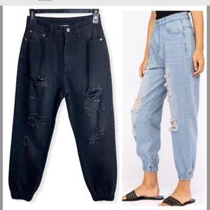 LE LIS High-Rise Denim Joggers Destroyed in Black Y2K Womens Sz S NWT